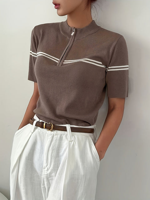 Damen Gestreiftes Polo-Shirt mit Reißverschlussdetail – Leichtes Sommerliches Casual Top