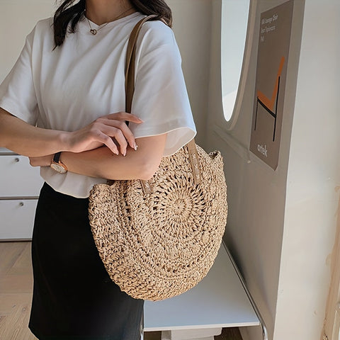 SunWave Runde Stro-Schultertasche – Lässig und Luftig