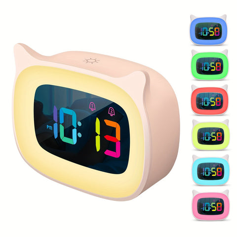 Süße Katzenohren Wecker – RGB Nachtlicht mit 18 Melodien und USB Aufladbar