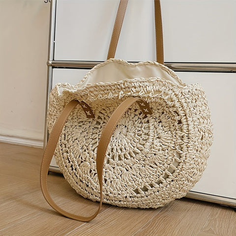 SunWave Runde Stro-Schultertasche – Lässig und Luftig