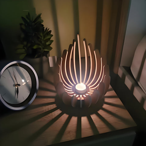 Bohemian Lotus Teelichthalter – Handgefertigtes Schichtenholzdesign