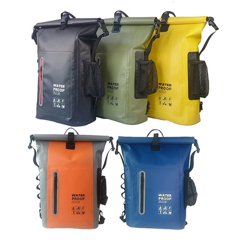 Wasserdichter 25L Roll-Top Rucksack mit mehreren Fächern, robuster Schnallenversiegelung und Netz-Seitentasche