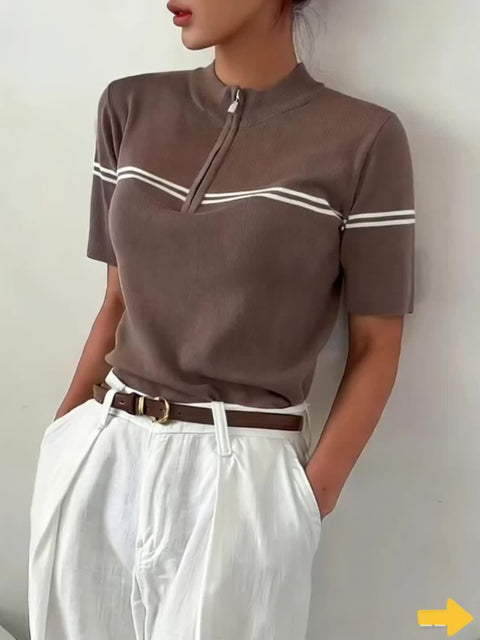 Damen Gestreiftes Polo-Shirt mit Reißverschlussdetail – Leichtes Sommerliches Casual Top