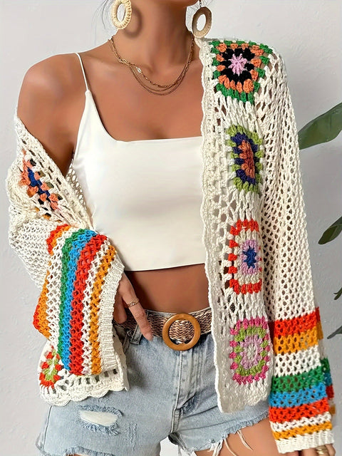 Bunte Häkelblumen-Cardigan – Stilvoll und Atmungsaktiv für Frühling und Herbst