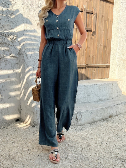 Eleganter V-Ausschnitt Jumpsuit für Damen – Hohe Taille und Lässiger Stil