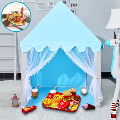 Spielzelt für Kinder – Fröhliches Blaues Prinzessinnenhaus mit Burger-Spielset für stundenlangen Spaß