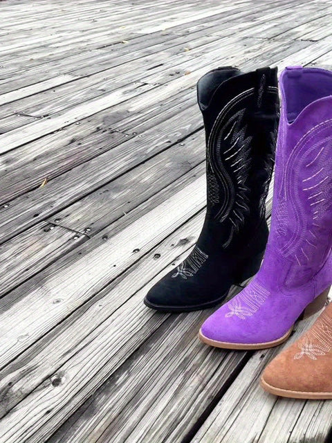 Damen Gestickte Cowboy-Stiefel mit Spitzem Absatz und Mittelhohen Absätzen