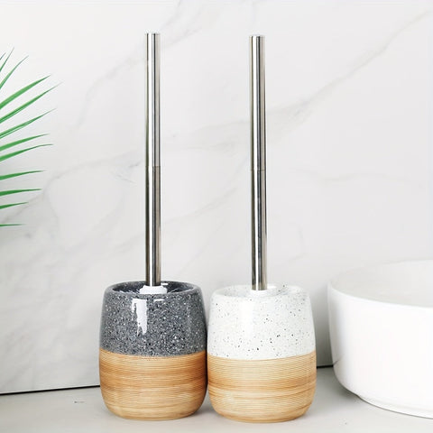 Elegantes Keramisches Toilettenbürsten-Set – Holzartige Basis und Edelstahlstiel