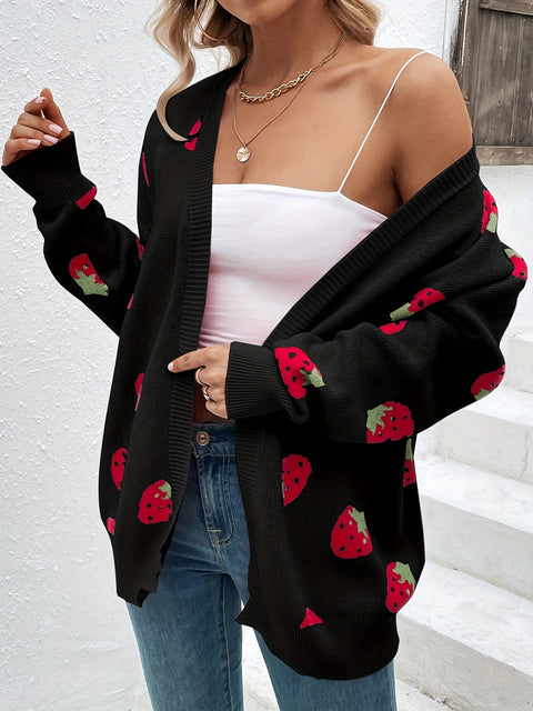 Damen Erdbeerprint Cardigan – Trendy und Komfortabel für Frühling und Herbst