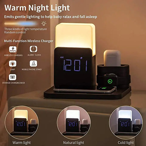 Multifunktionale Drahtlose Ladestation – Inklusive Lampe und Wecker