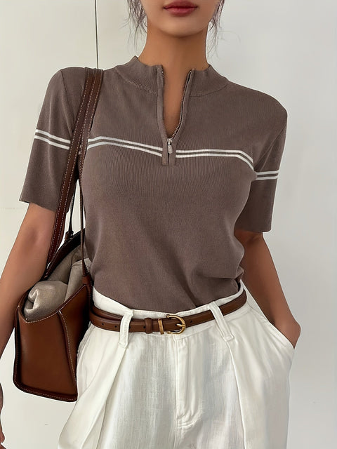 Damen Gestreiftes Polo-Shirt mit Reißverschlussdetail – Leichtes Sommerliches Casual Top