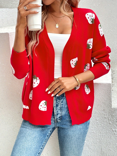 Damen Erdbeerprint Cardigan – Trendy und Komfortabel für Frühling und Herbst