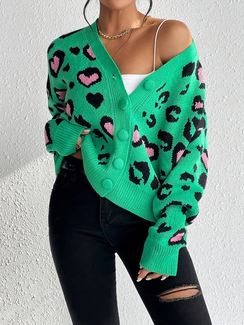 Damen Leopard Print Love Cardigan – Fröhlich und Bequem für Frühling und Herbst