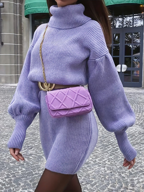 Elegantes Turtleneck Pullover-Kleid – Rippenstruktur und Laternenärmel für einen stilvollen Look