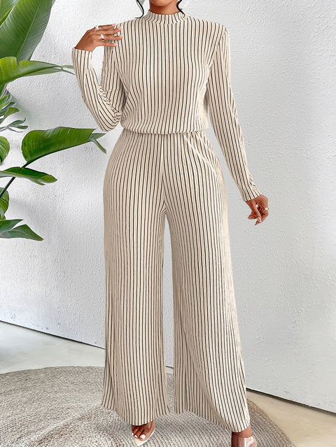 Eleganter Rippstrick-Overall für Damen – Gestreift, Lange Ärmel und Hoher Kragen