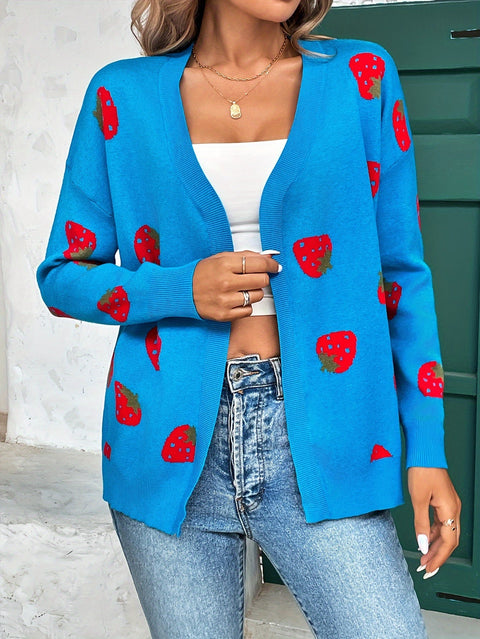 Damen Erdbeerprint Cardigan – Trendy und Komfortabel für Frühling und Herbst