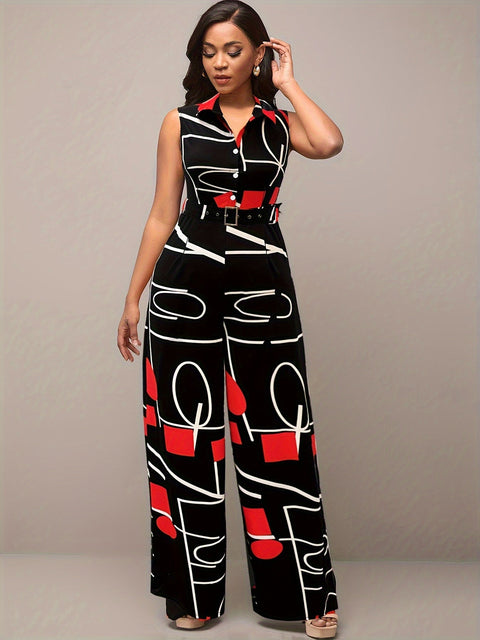 Eleganter geometrischer bedruckter Jumpsuit – Breite Hosenbeine und Gürtel für Partys und legere Kleidung
