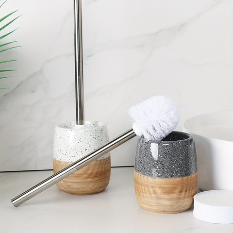 Elegantes Keramisches Toilettenbürsten-Set – Holzartige Basis und Edelstahlstiel