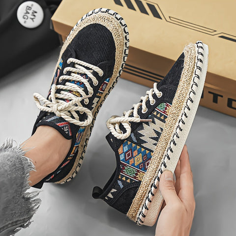 Boho Espadrille Sneakers für Herren – Atmungsaktives Canvas mit Bunt Gesticktem Design