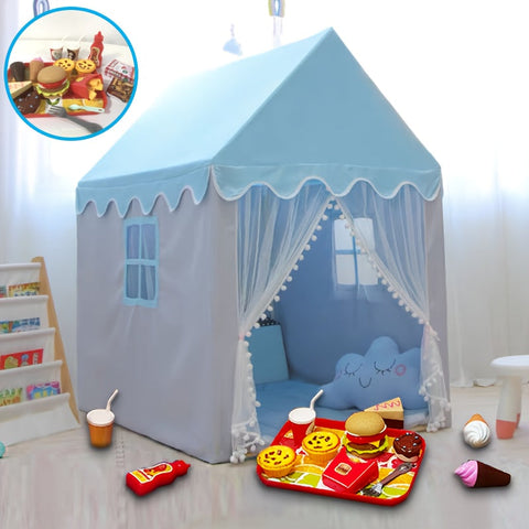 Spielzelt für Kinder – Fröhliches Blaues Prinzessinnenhaus mit Burger-Spielset für stundenlangen Spaß