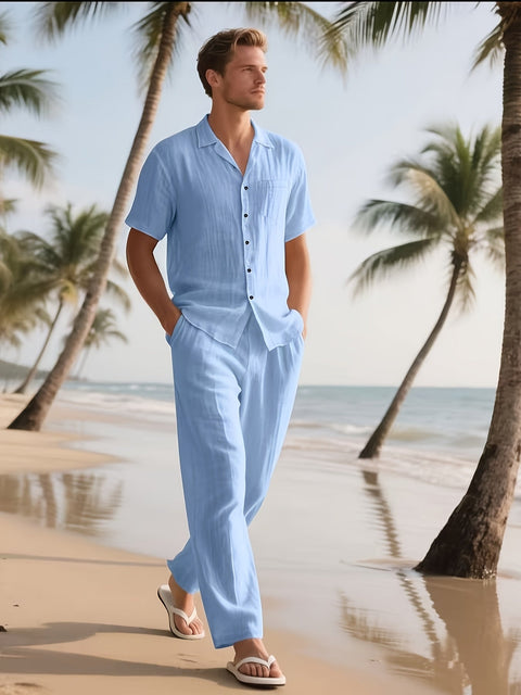 Herren Casual Leinen Set – Bequem und Luftig mit Langer Hose und Kurzarm