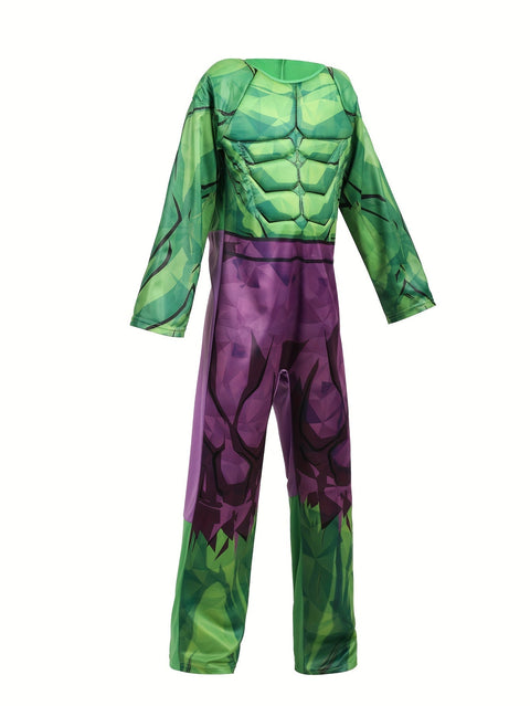 Superhelden Kostüm für Kinder – Grüner Jumpsuit mit Muskel-Design und Maske