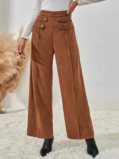 Elegante Hochtaillierte Hose mit Knopfdetails – Weibliche Weite Bein Hose für Frühling und Herbst