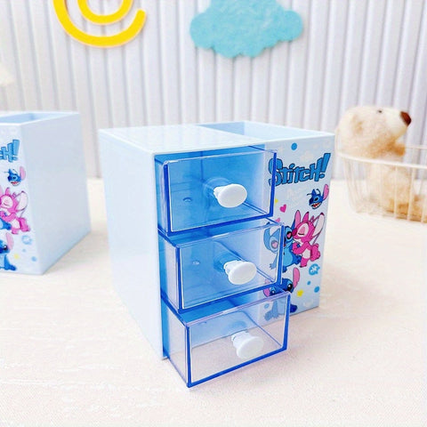 Disney Stitch Cartoon 3-Fächer Aufbewahrungsbox – Multifunktionale Organizer für Schreibtisch, Schmuck und Spielzeug
