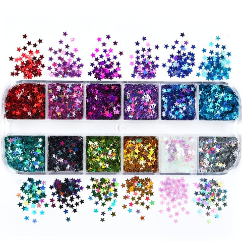 12 Farben Sterne Pailletten – Glitzer Pailletten in langer Box für DIY und Scrapbooking