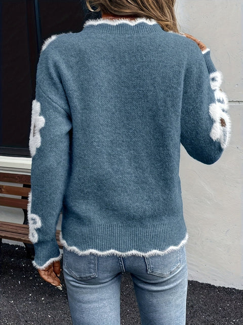 Eleganter Blumenpullover mit V-Ausschnitt – Perfekt für Frühling und Herbst
