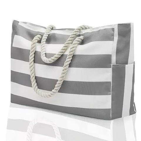 Gestreifte Große Kapazität Strandtasche – Langlebiges Polyester mit Reißverschluss