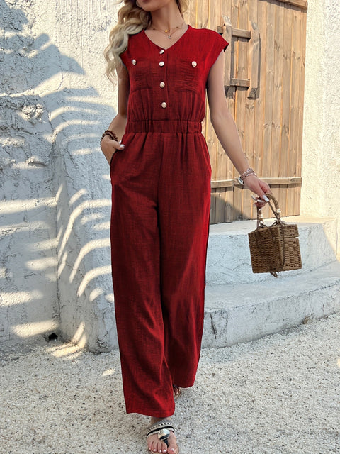 Eleganter V-Ausschnitt Jumpsuit für Damen – Hohe Taille und Lässiger Stil