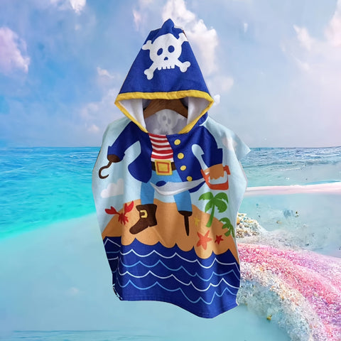 Cartoon Dinosaurier und Piraten Strandtuch für Kinder – Weiche Badedecke mit Kapuze