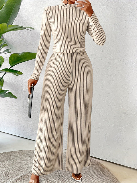 Eleganter Rippstrick-Overall für Damen – Gestreift, Lange Ärmel und Hoher Kragen