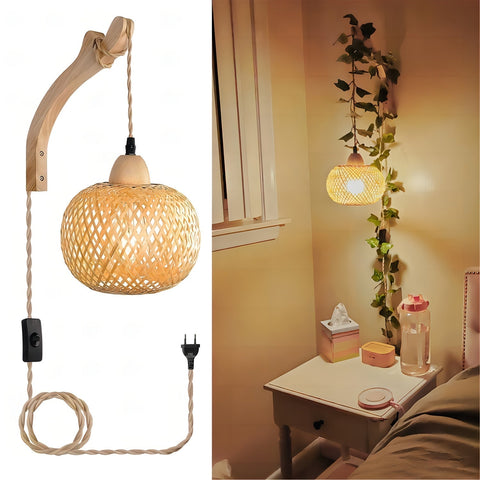 Rustikale Bambus Wandleuchte – Gewebter Schirm mit Vintage-Stil Stecker