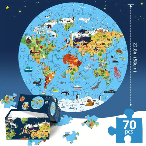 70-teilige Tierbodenpuzzle – Rundes Weltkarten-Design für Kinder