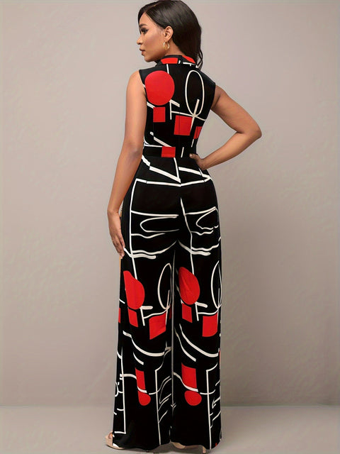 Eleganter geometrischer bedruckter Jumpsuit – Breite Hosenbeine und Gürtel für Partys und legere Kleidung