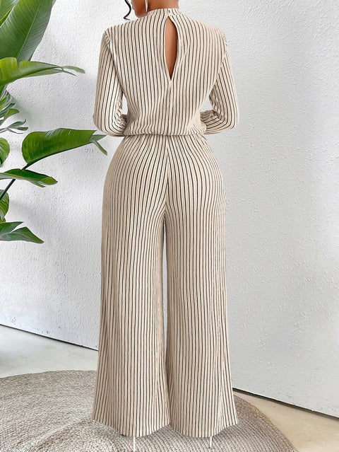 Eleganter Rippstrick-Overall für Damen – Gestreift, Lange Ärmel und Hoher Kragen