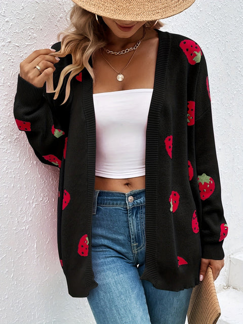 Damen Erdbeerprint Cardigan – Trendy und Komfortabel für Frühling und Herbst