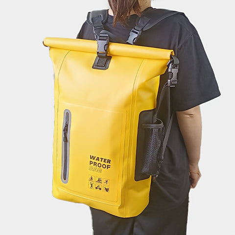 Wasserdichter 25L Roll-Top Rucksack mit mehreren Fächern, robuster Schnallenversiegelung und Netz-Seitentasche