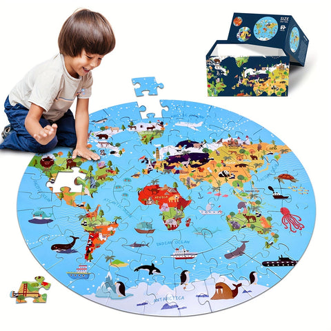 70-teilige Tierbodenpuzzle – Rundes Weltkarten-Design für Kinder