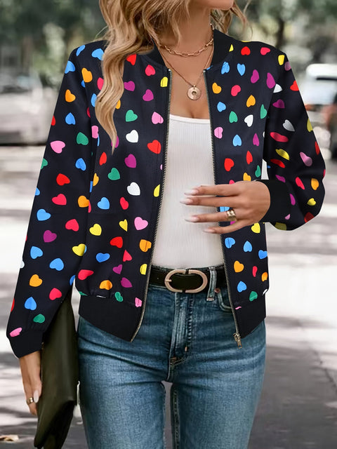 Fröhliche Herzchen Bomberjacke – Stilvolle und Bequeme Zip-up Jacke für Frühling und Herbst
