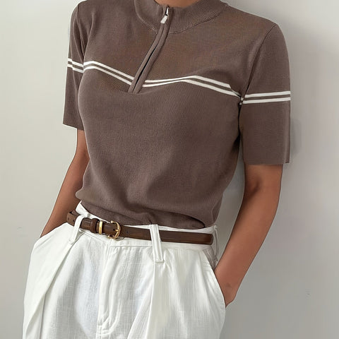 Damen Gestreiftes Polo-Shirt mit Reißverschlussdetail – Leichtes Sommerliches Casual Top