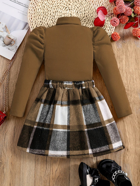 Feline Elegante Turtleneck Outfit für Kinder - Karierte Rock und Pullover Set