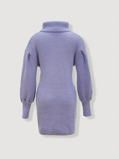 Elegantes Turtleneck Pullover-Kleid – Rippenstruktur und Laternenärmel für einen stilvollen Look