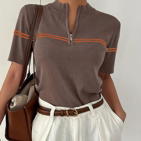 Damen Gestreiftes Polo-Shirt mit Reißverschlussdetail – Leichtes Sommerliches Casual Top