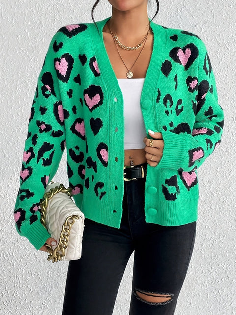 Damen Leopard Print Love Cardigan – Fröhlich und Bequem für Frühling und Herbst