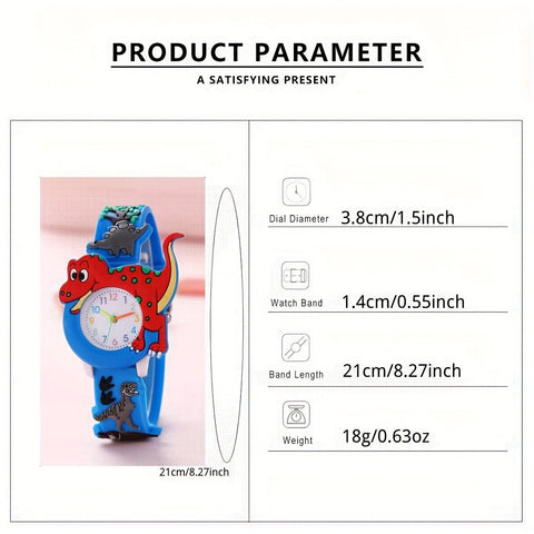 Dinosaurier Kinderuhr für Kinder - Lustiger Cartoon Tyrannosaurus Rex mit Silikonarmband