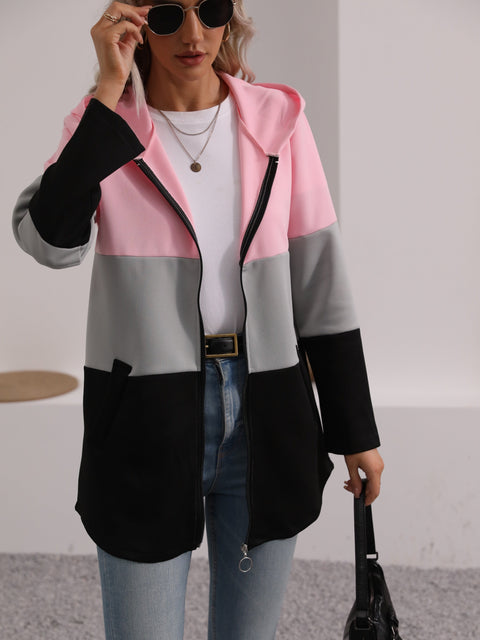Farbblock Zip-Up Kapuzenjacke – Stilvoll und Komfortabel für Freizeitoutfits