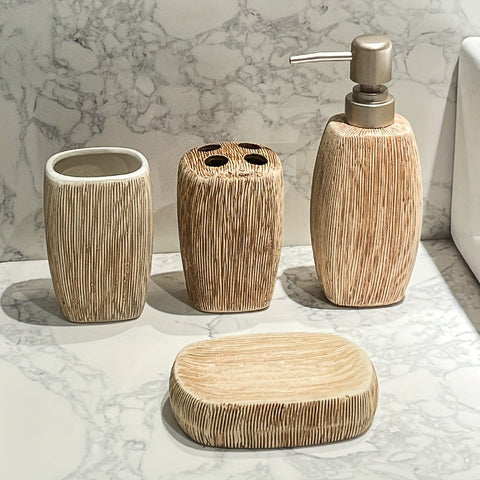 Holzmaserung Stil Keramisches Badezimmer Set – Luxuriöse Accessoires für einen natürlichen Touch in Ihrem Badezimmer